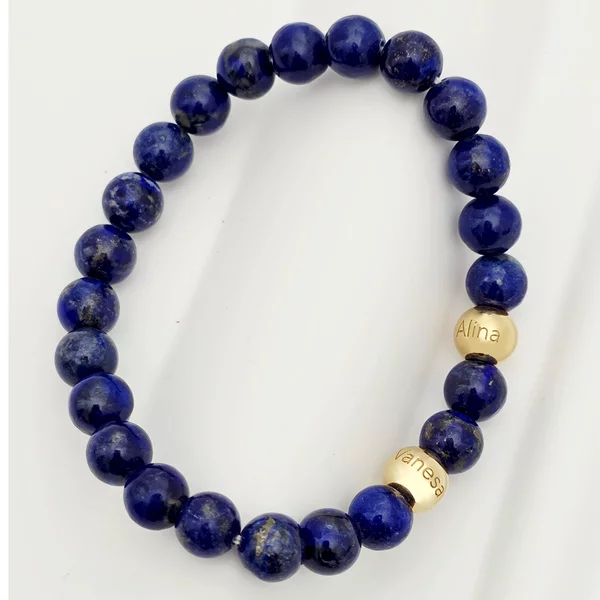 Bratara pietre semipretioase Lapis lazuli de 8 mm - Bilute din Argint 925 placat cu Aur Galben 18K - Snur elastic