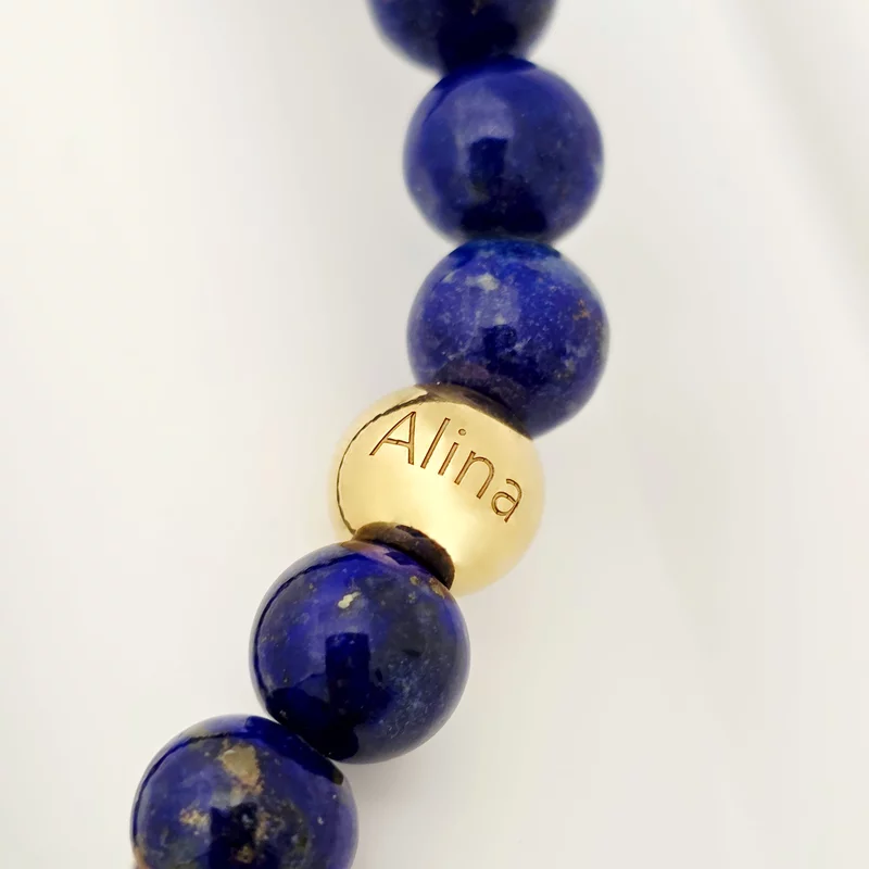 Bratara pietre semipretioase Lapis lazuli de 8 mm - Bilute din Argint 925 placat cu Aur Galben 18K - Snur elastic picture - 2