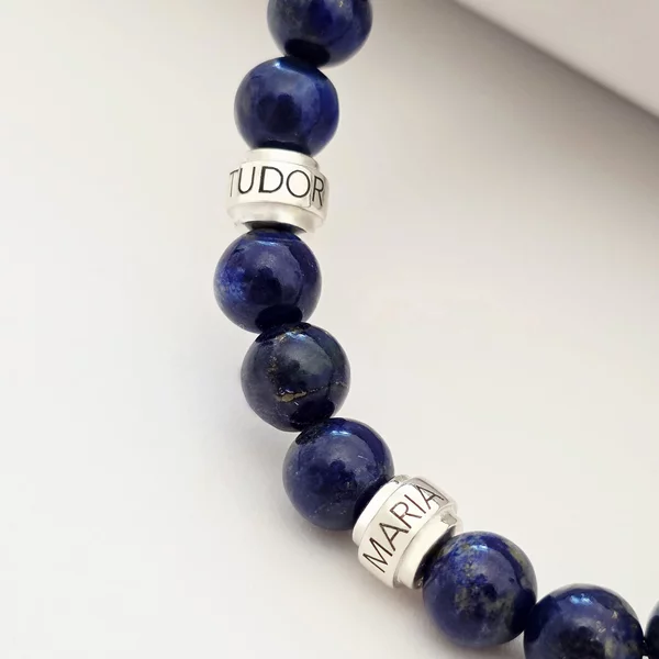 Bratara pietre semipretioase Lapis Lazuli de 8 mm - cilindrii din Argint 925 - Snur negru rezistent si reglabil