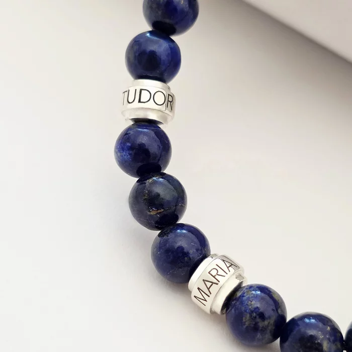 Bratara pietre semipretioase Lapis Lazuli de 8 mm - trei cilindrii din Argint 925 - Snur negru rezistent si reglabil