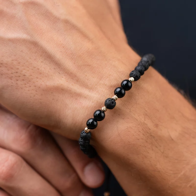 Bratara pietre semipretioase - Lava cu 4 Onix si 6 bilute de 3 mm din Aur 14K - Snur negru rezistent si reglabil picture - 2