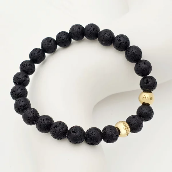 Bratara pietre semipretioase Lava de 8 mm - Bilute din Argint 925 placat cu Aur Galben 18K - Snur elastic