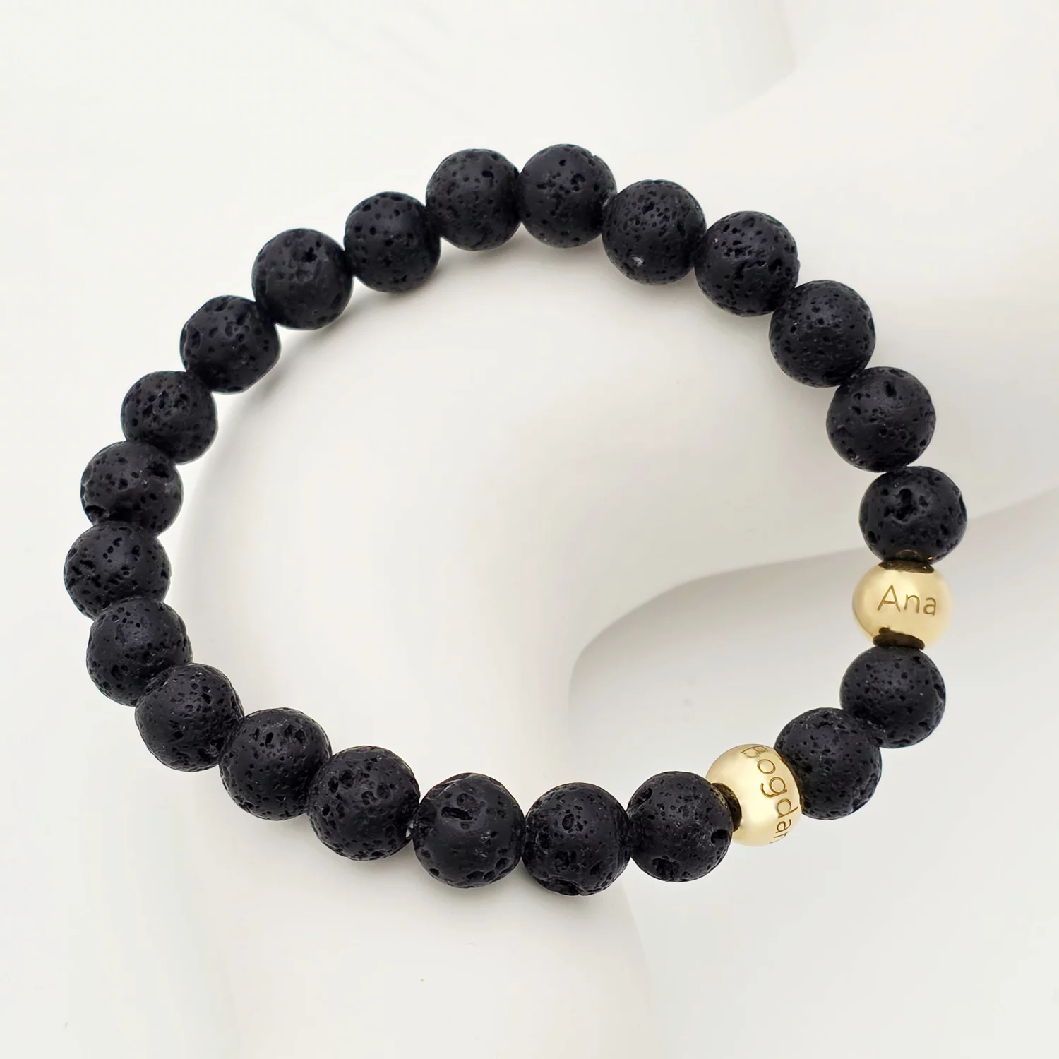 Bratara pietre semipretioase Lava de 8 mm - Bilute din Argint 925 placat cu Aur Galben 18K - Snur elastic