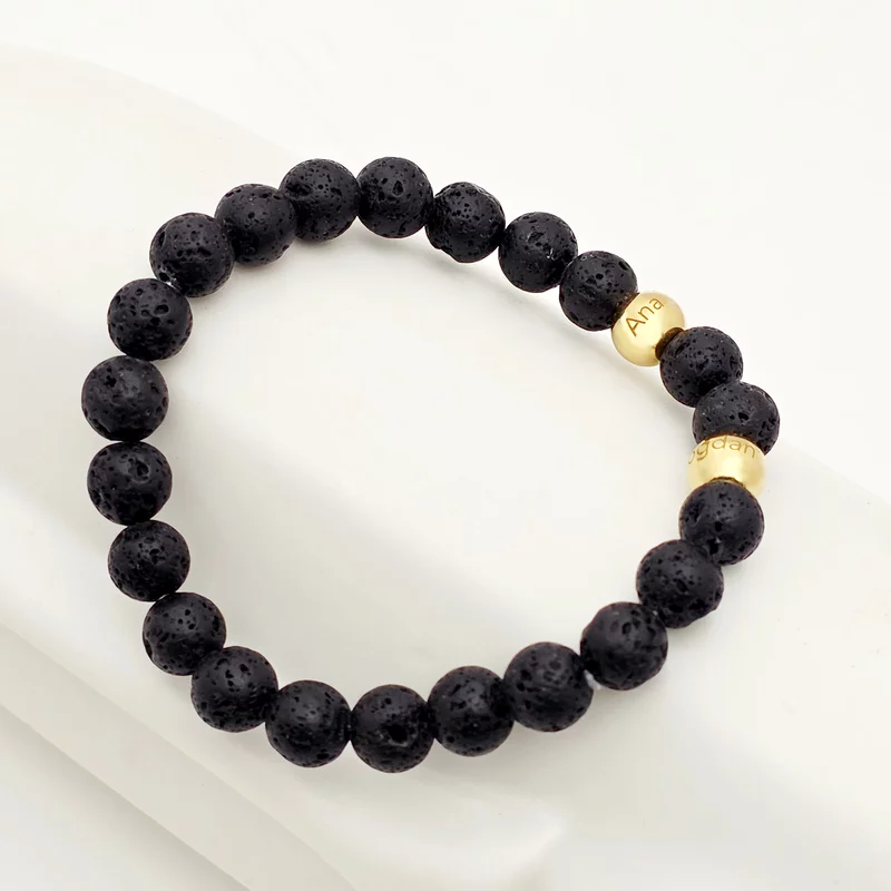 Bratara pietre semipretioase Lava de 8 mm - Bilute din Argint 925 placat cu Aur Galben 18K - Snur elastic picture - 2