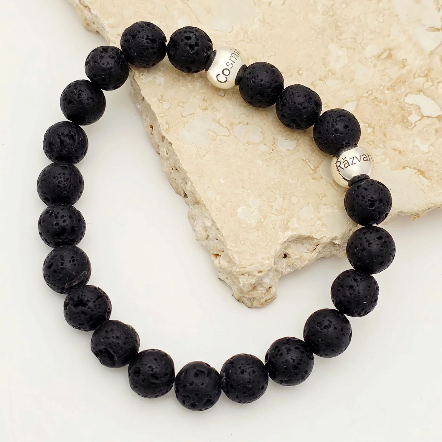 Bratara pietre semipretioase Lava de 8 mm - Bilute din Argint 925 - Snur elastic