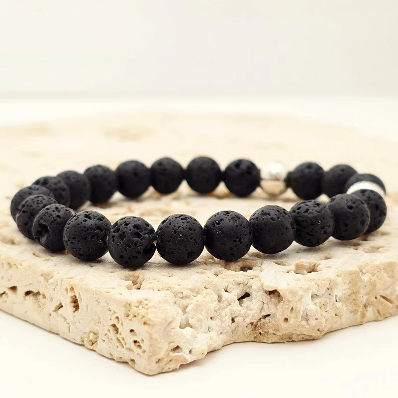 Bratara pietre semipretioase Lava de 8 mm - Bilute din Argint 925 - Snur elastic picture - 2