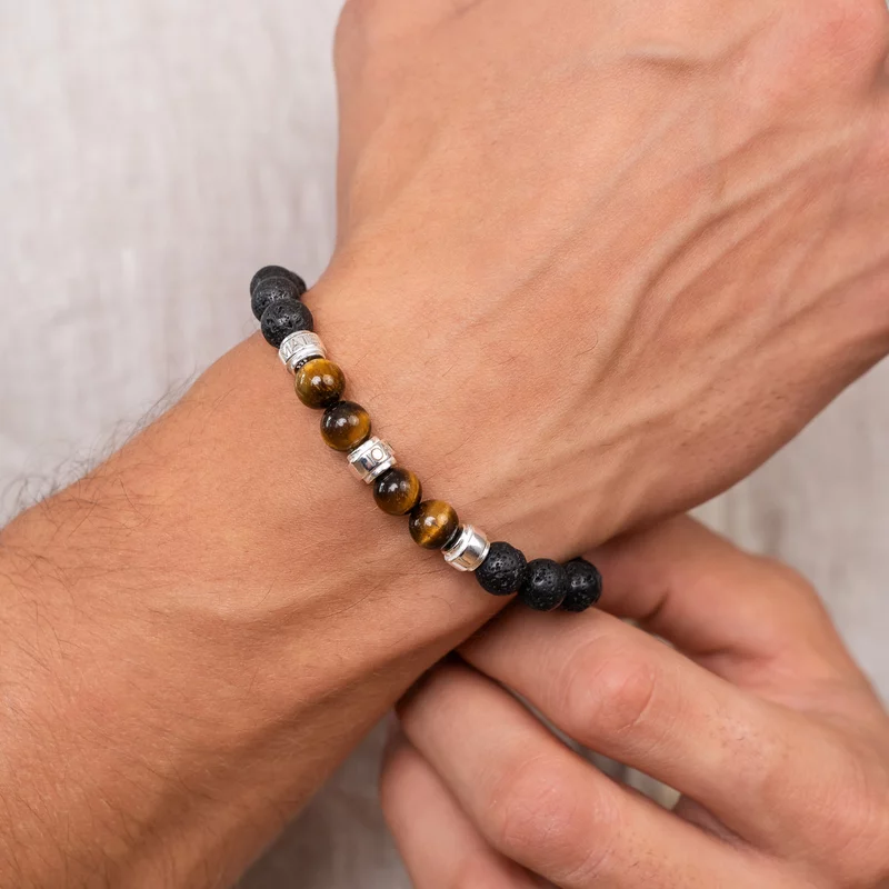 Bratara pietre semipretioase Lava si Ochi de tigru de 8 mm - trei cilindrii din Argint 925 - Snur negru picture - 2