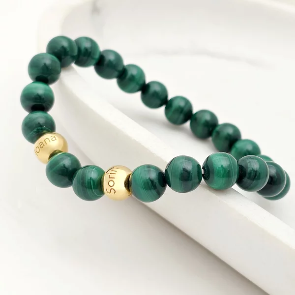 Bratara pietre semipretioase Malachit de 8 mm - Bilute din Argint 925 placat cu Aur Galben 18K - Snur elastic