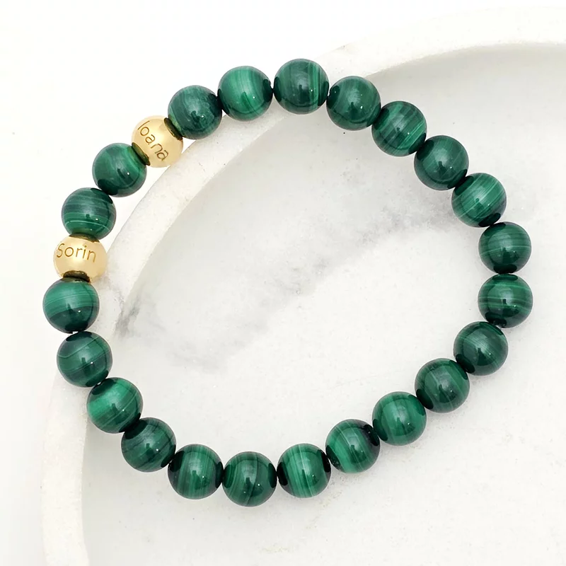 Bratara pietre semipretioase Malachit de 8 mm - Bilute din Argint 925 placat cu Aur Galben 18K - Snur elastic picture - 3