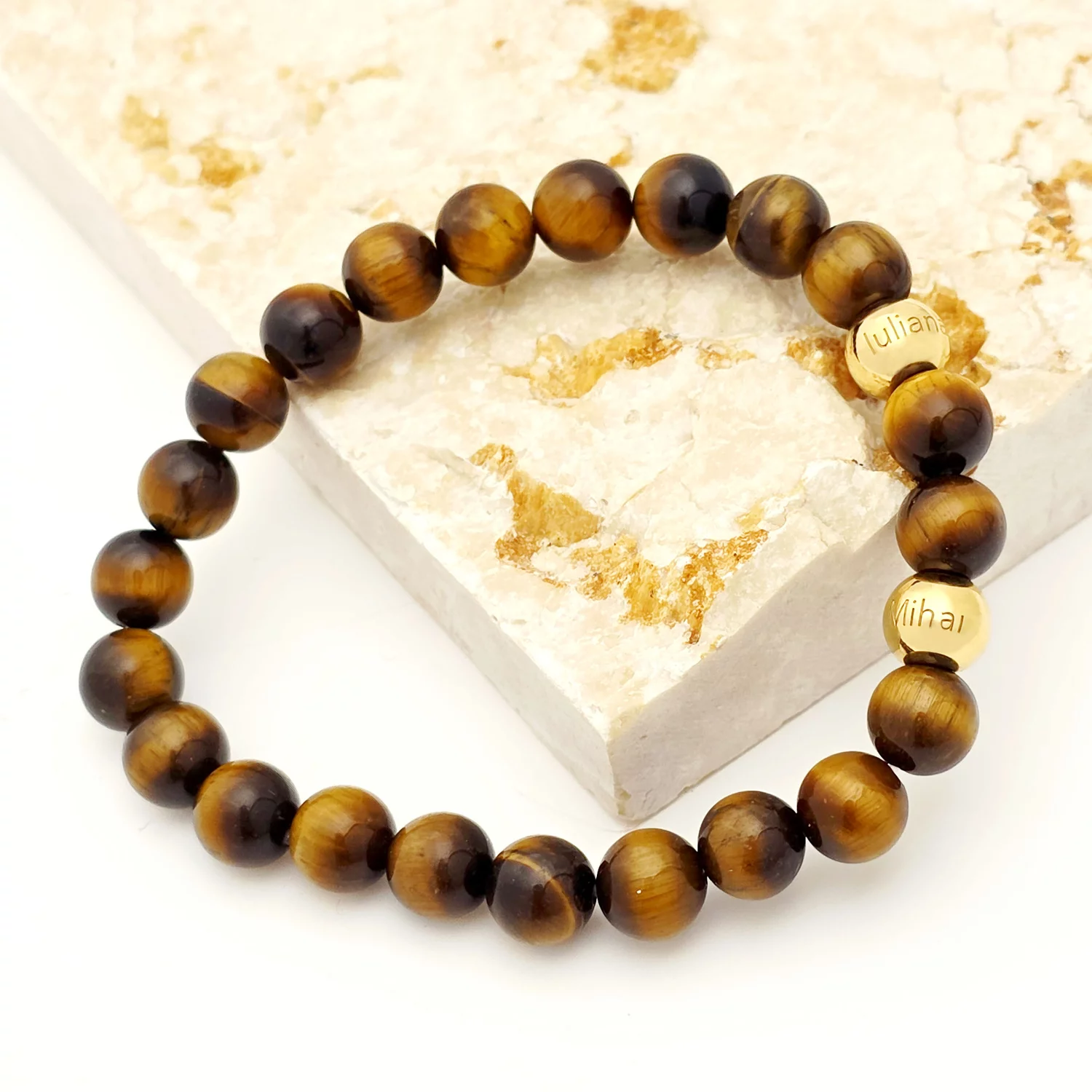 Bratara pietre semipretioase Ochi de tigru de 8 mm - Bilute din Argint 925 placat cu Aur Galben 18K - Snur elastic