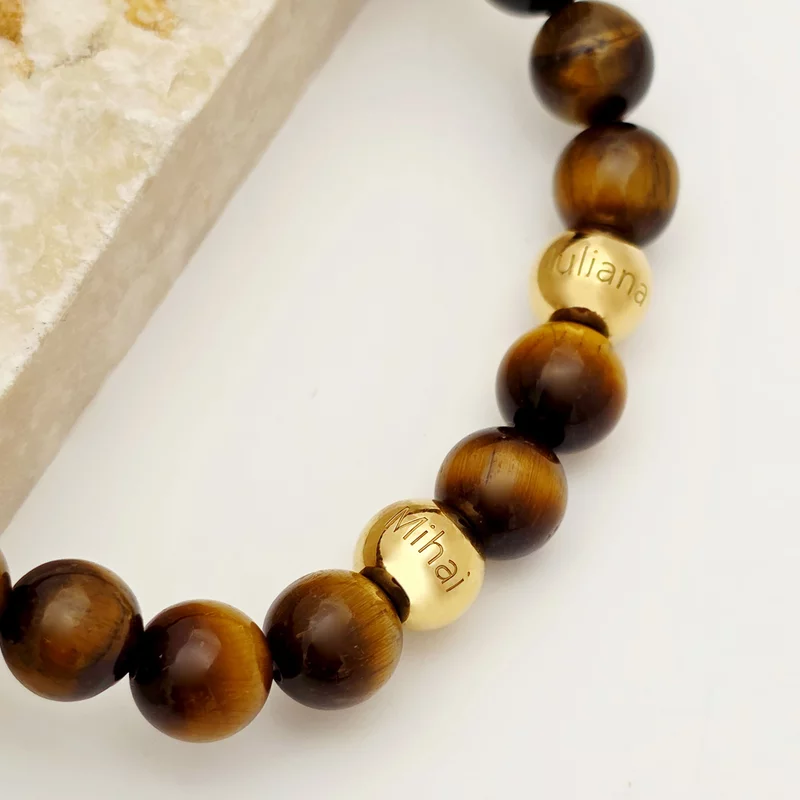 Bratara pietre semipretioase Ochi de tigru de 8 mm - Bilute din Argint 925 placat cu Aur Galben 18K - Snur elastic picture - 2