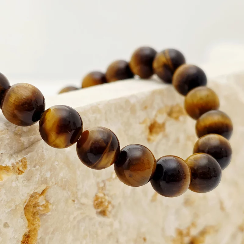 Bratara pietre semipretioase Ochi de tigru de 8 mm - Bilute din Argint 925 placat cu Aur Galben 18K - Snur elastic picture - 3