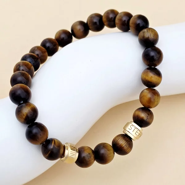 Bratara pietre semipretioase Ochi de tigru de 8 mm - doi cilindrii din Argint 925 placat cu Aur Galben - Snur elastic