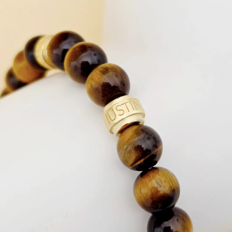 Bratara pietre semipretioase Ochi de tigru de 8 mm - doi cilindrii din Argint 925 placat cu Aur Galben - Snur elastic picture - 3