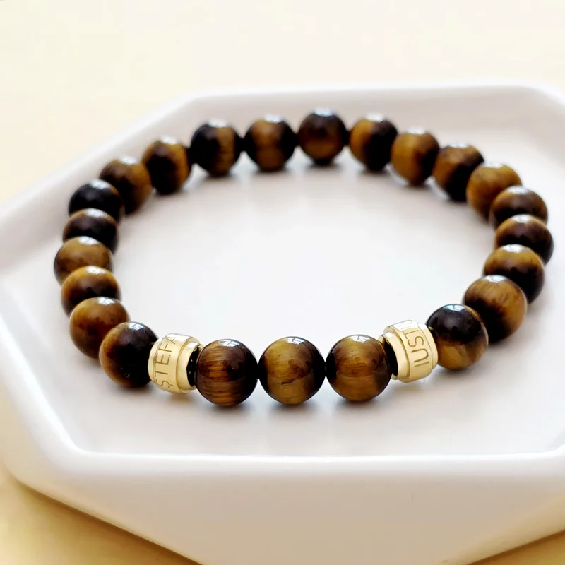 Bratara pietre semipretioase Ochi de tigru de 8 mm - doi cilindrii din Argint 925 placat cu Aur Galben - Snur elastic picture - 4