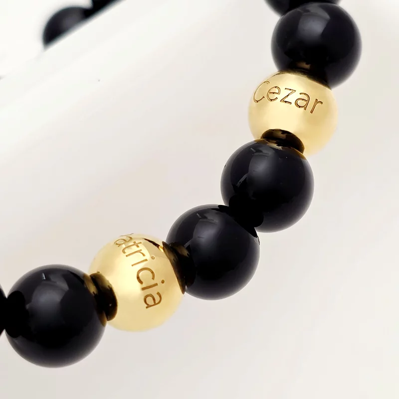 Bratara pietre semipretioase Onix lucios de 8 mm - Bilute din Argint 925 placat cu Aur Galben 18K - Snur elastic picture - 2