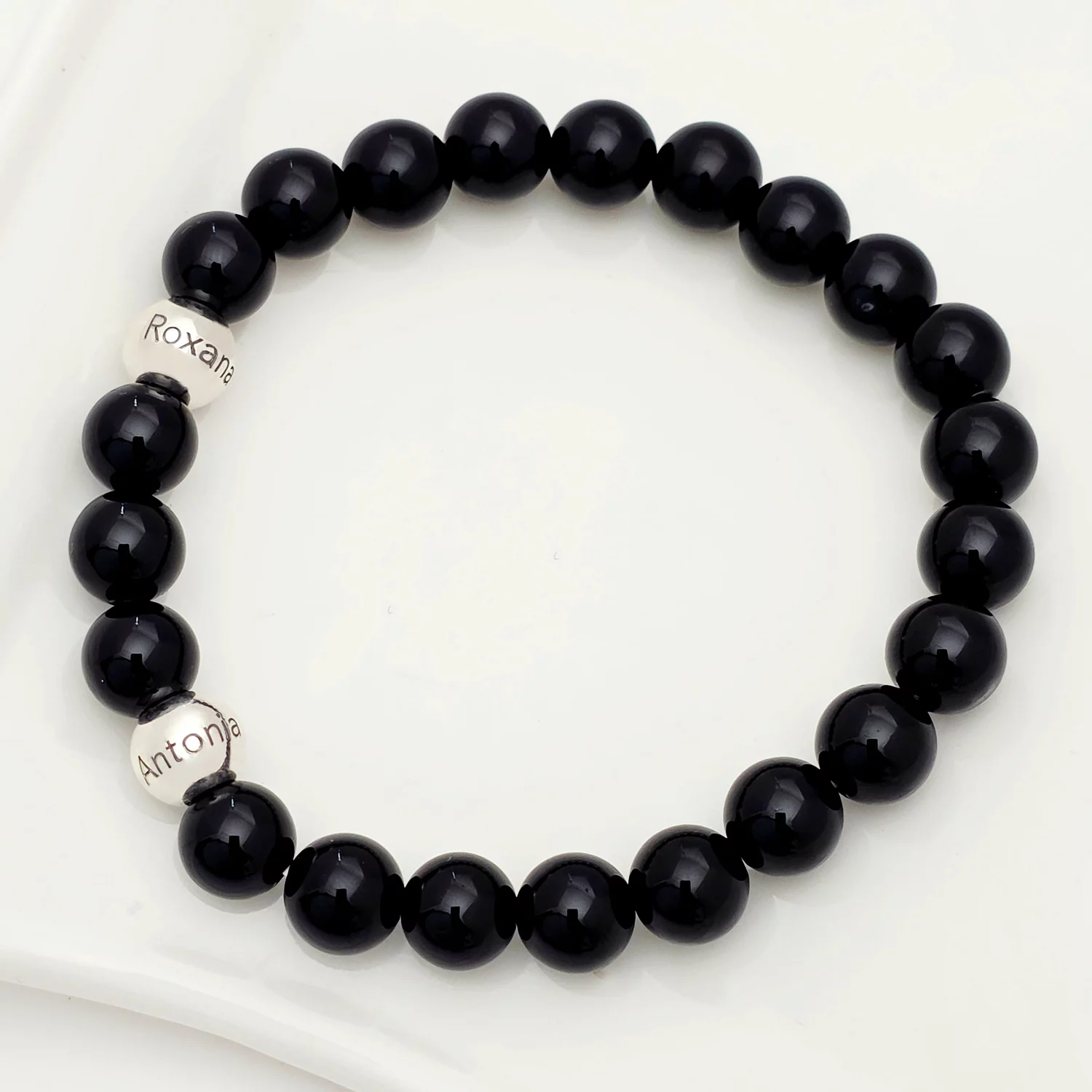 Bratara pietre semipretioase Onix lucios de 8 mm - Bilute din Argint 925 - Snur elastic