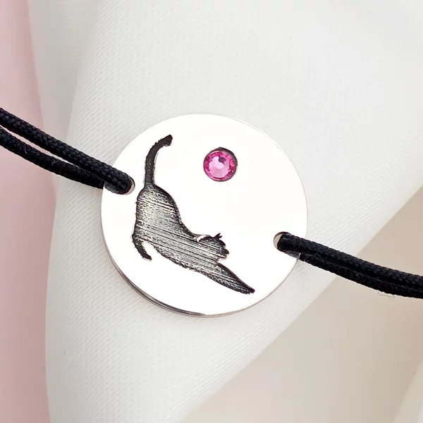 Bratara Pisica cu cristal Swarovski - Argint 925, snur negru