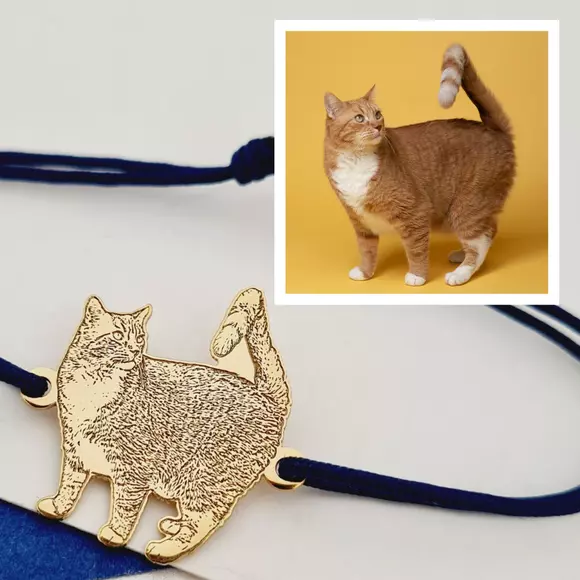 Bratara pisica iubita - Personalizare cu poza - Argint 925 placat cu Aur Galben 18K - Snur reglabil, diverse culori