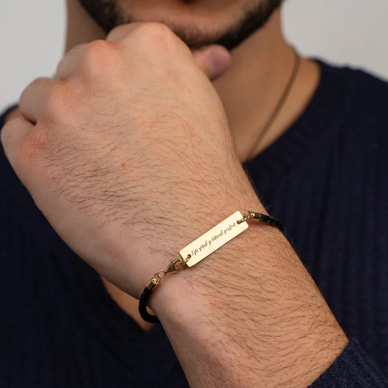 Bratara Placuta gravata cu text - Argint 925 placat cu Aur 18k, piele impletita picture - 2