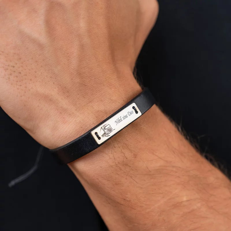 Bratara Placuta gravata cu un Tir si Text - Argint 925, piele picture - 2