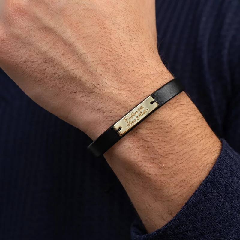 Bratara Placuta gravata Text - Aur Galben 14k - piele picture - 2