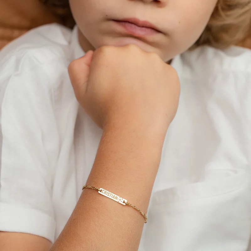 Bratara placuta si minge de fotbal - nume personalizat - Argint 925 placat cu Aur Galben 18K - Cu lantisor fata/baiat picture - 2