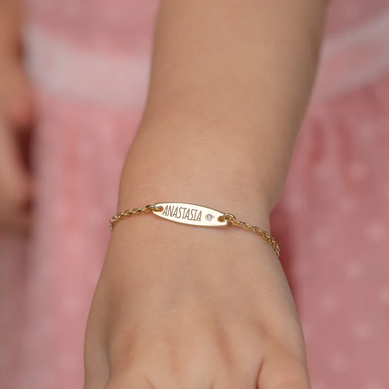 Brățară placuta personalizata cu nume de fetita – Diamant natural - Argint 925 placat cu Aur Galben 18K- Cu lantisor fata/baiat picture - 2