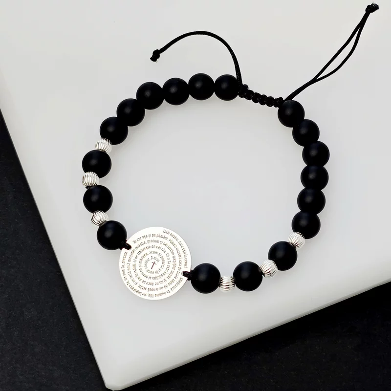 Bratara Rugaciunea Tatal Nostru - Bijuterie cu Har - Pietre semipretioase ONIX mat si 8 bilute - Argint 925 - Snur reglabil picture - 2