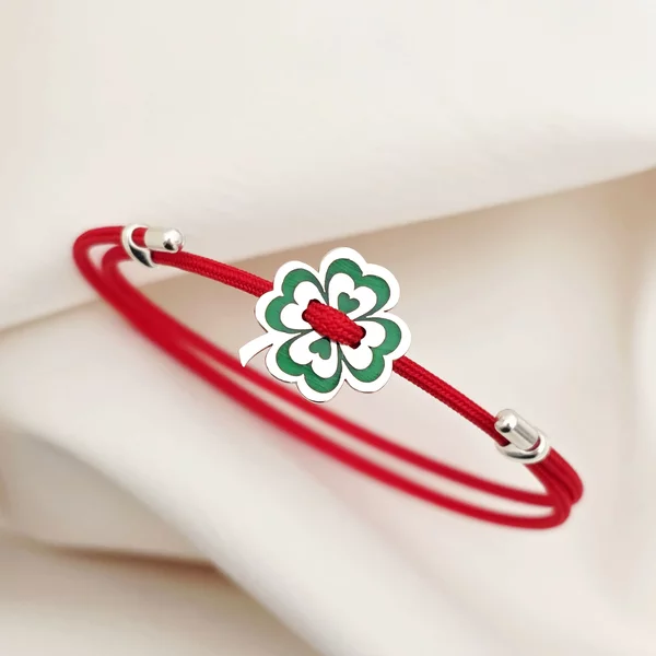 Brățara Trifoi cu patru foi si email verde - Șnur rosu Gros - Argint 925