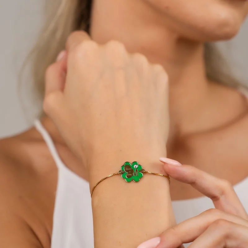 Brățara Trifoi cu Zambete – Initiala personalizata - Pandantiv si lant glisant din Argint 925 placat cu Aur Galben 18K - Email verde & Cristal Swarovski picture - 2