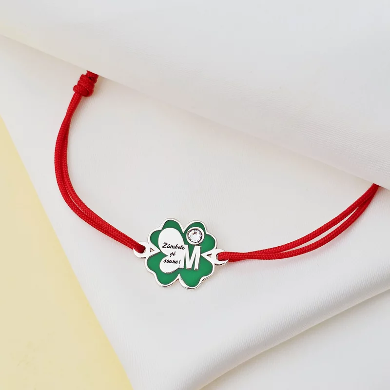 Brățara Trifoi cu Zambete – Initiala personalizata - Pandantiv si snur reglabil - Email verde & Cristal Swarovski picture - 3
