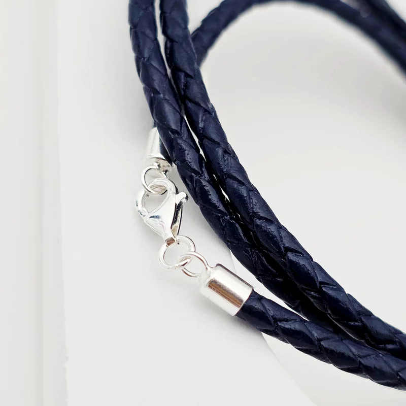 Bratara trio cu piele impletita albastra & 3 elemente cilindrice din Argint 925  - Inchizatoare carabina picture - 4