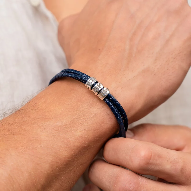 Bratara trio cu piele impletita albastra & 3 elemente cilindrice din Argint 925  - Inchizatoare carabina picture - 2