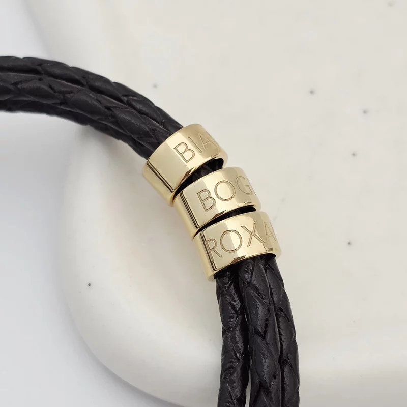 Bratara trio cu piele impletita neagra & 3 elemente cilindrice din Argint 925 placat cu Aur Galben 18K  - Inchizatoare carabina picture - 1