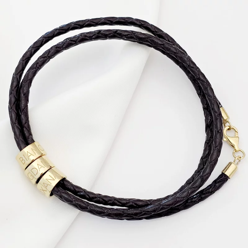 Bratara trio cu piele impletita neagra & 3 elemente cilindrice din Argint 925 placat cu Aur Galben 18K  - Inchizatoare carabina picture - 3