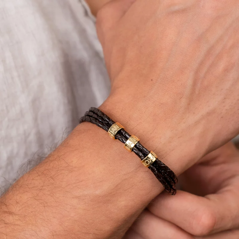 Bratara trio cu piele impletita neagra & 3 elemente cilindrice din Argint 925 placat cu Aur Galben 18K  - Inchizatoare carabina picture - 2