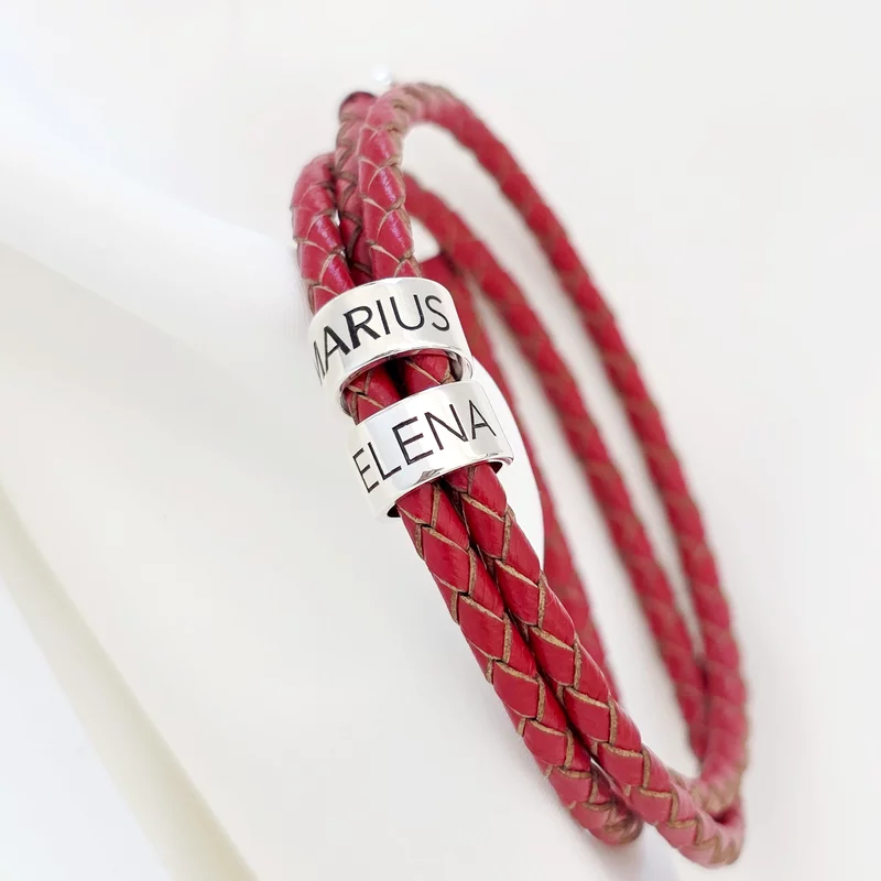 Bratara trio cu piele impletita rosie & 2 elemente cilindrice din Argint 925 - Inchizatoare carabina picture - 1