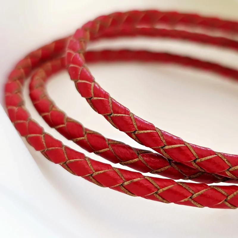 Bratara trio cu piele impletita rosie & 2 elemente cilindrice din Argint 925 - Inchizatoare carabina picture - 2