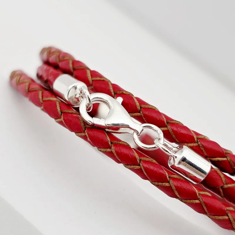 Bratara trio cu piele impletita rosie & 2 elemente cilindrice din Argint 925 - Inchizatoare carabina picture - 3
