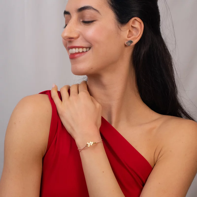 Brățara Turta dulce - Șnur roz Gros si 2 bilute de 3 mm - Argint 925 placat cu Aur Galben 18K picture - 2