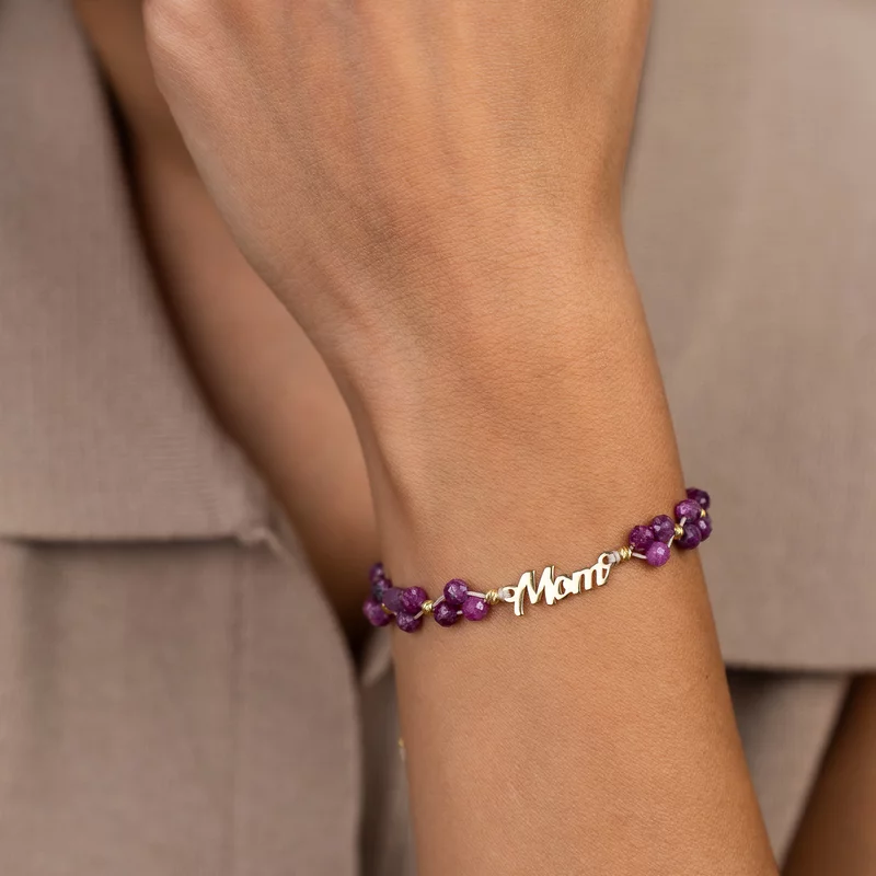 Bratara Vitalitate - Legatura materna - Mom, charm fluture si bilute din Argint 925 placat cu Aur Galben 18k  - Pietre semipretioase Rubin fatetat - Snur nude picture - 2