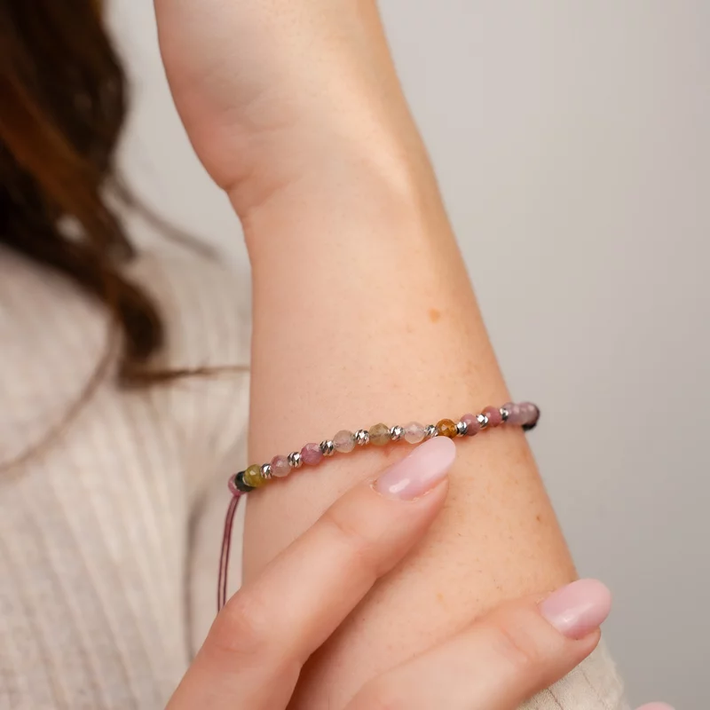 Bratara Vitalitate - Protectie energetica - Bilute 2.5 mm din Argint 925 - Pietre semipretioase Turmalina fatetata - Snur bordo picture - 2