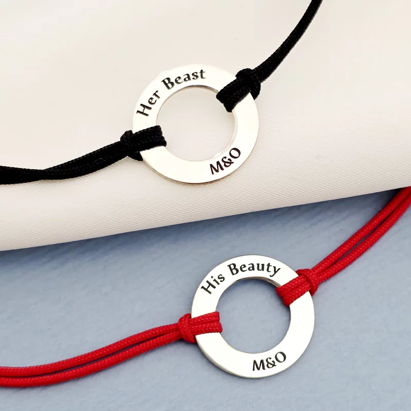 Bratari cuplu - His beauty & Her beast - Argint 925, snur negru