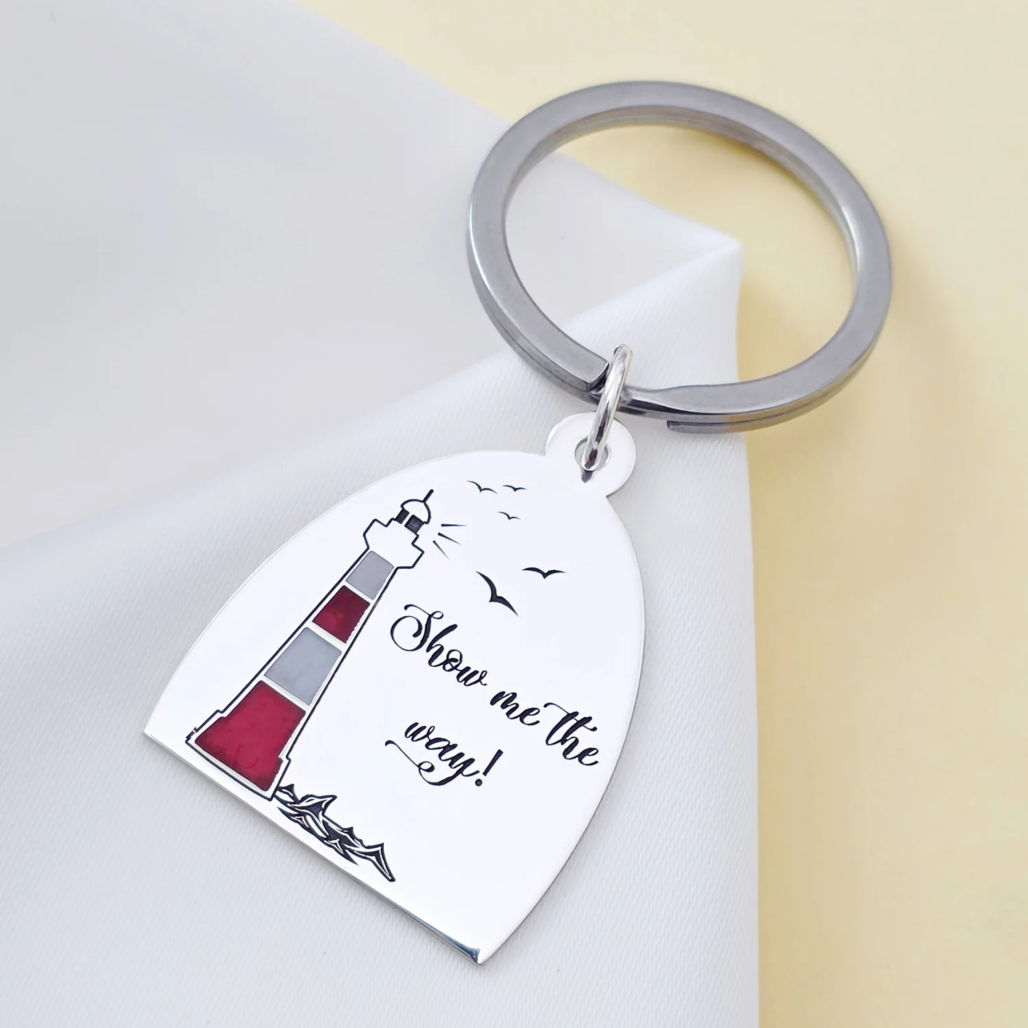 Breloc personalizat - Far decorat cu email - Argint 925 - inel otel inoxidabil