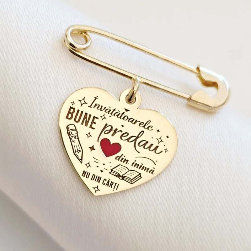 Brosa Ac de siguranta - Pandantiv inima  Invatatoare - email rosu -  Argint 925 placat cu Aur Galben 18K picture - 2