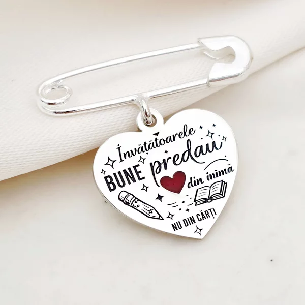 Brosa Ac de siguranta - Pandantiv inima  Educatoare - email rosu -  Argint 925