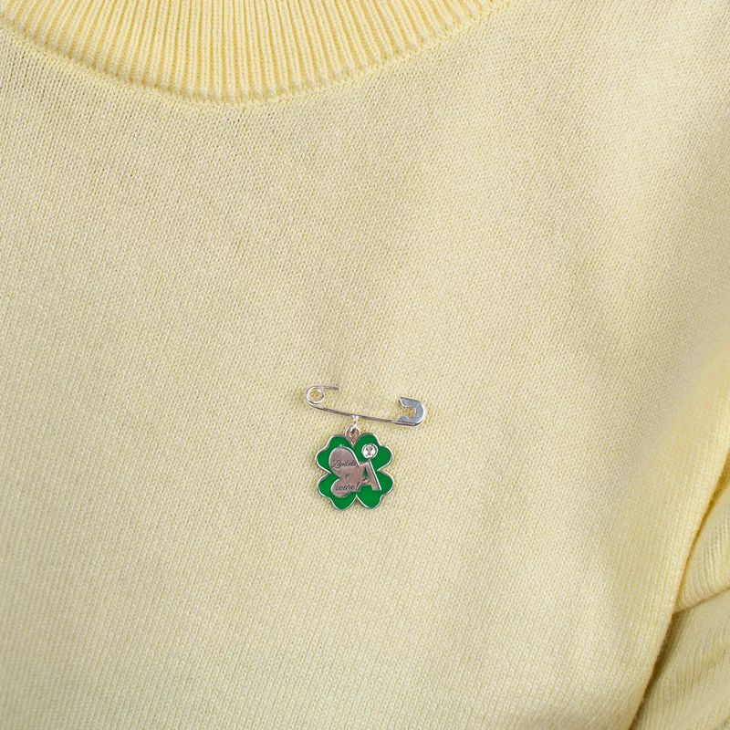 Brosa Ac de siguranta - Trifoi cu Zambete – Initiala personalizata - Argint 925 - Email verde & Cristal Swarovski picture - 2