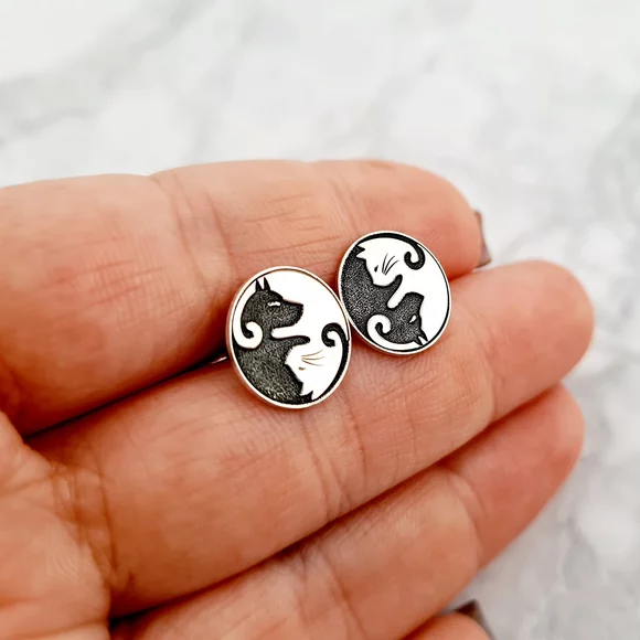Cercei pisica si caine - Simbol Yin&Yang - Argint 925 - Inchidere surub
