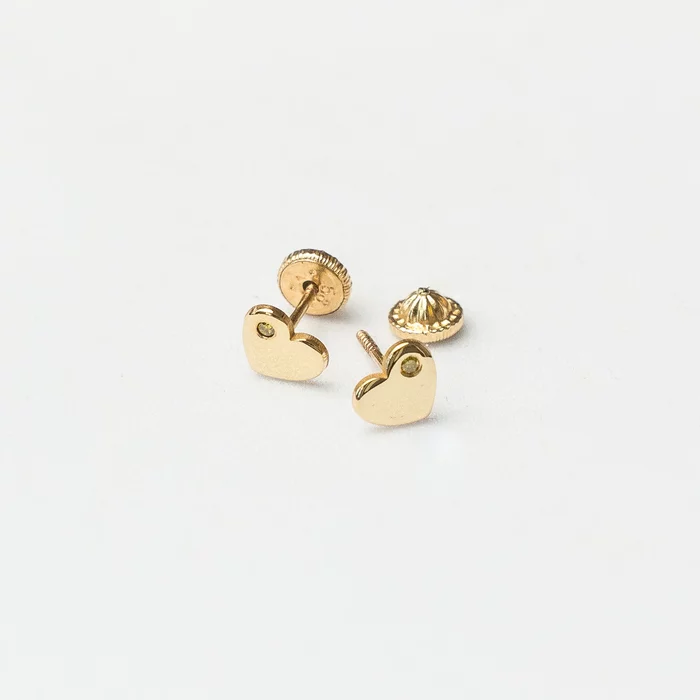Cercei bebe/fetite cu Diamant naturat galben - Model inima - Aur Galben 14K - Inchizatoare sigura si confortabila cu filet